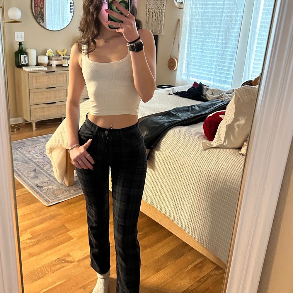 Brandy Melville Navy Blue and Green Plaid Pants (OS)